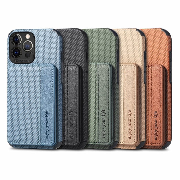 For iPhone 13 Pro Carbon Fiber Magnetic Card Bag TPU+PU Shockproof Back Cover Case with Holder & Card Slot & Photo Frame
