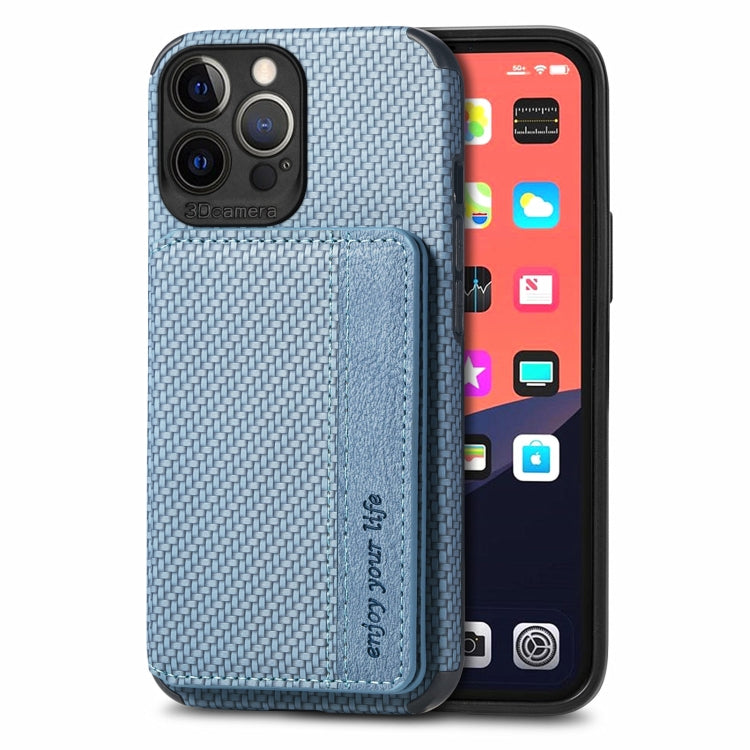 For iPhone 13 Pro Carbon Fiber Magnetic Card Bag TPU+PU Shockproof Back Cover Case with Holder & Card Slot & Photo Frame