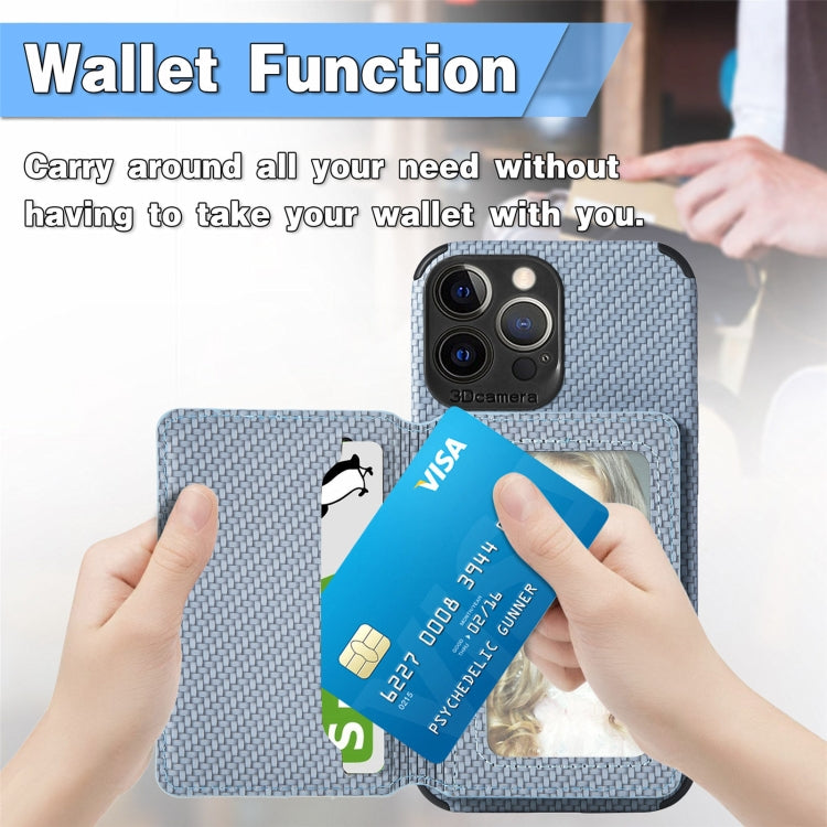 For iPhone 13 Pro Carbon Fiber Magnetic Card Bag TPU+PU Shockproof Back Cover Case with Holder & Card Slot & Photo Frame