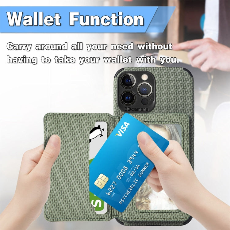 For iPhone 13 Pro Carbon Fiber Magnetic Card Bag TPU+PU Shockproof Back Cover Case with Holder & Card Slot & Photo Frame