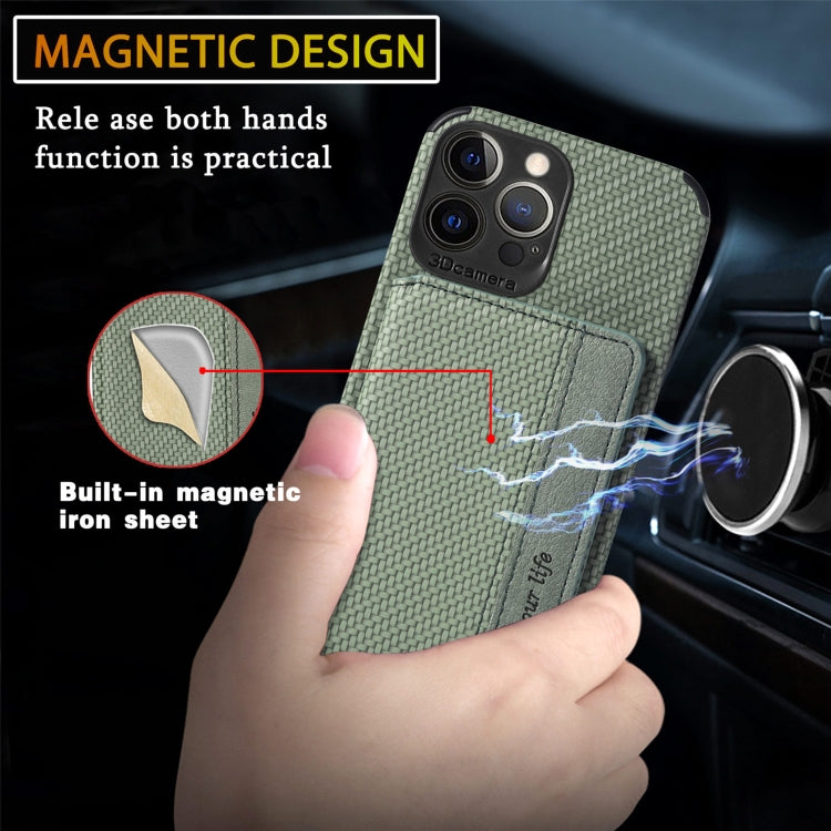 For iPhone 13 Pro Carbon Fiber Magnetic Card Bag TPU+PU Shockproof Back Cover Case with Holder & Card Slot & Photo Frame