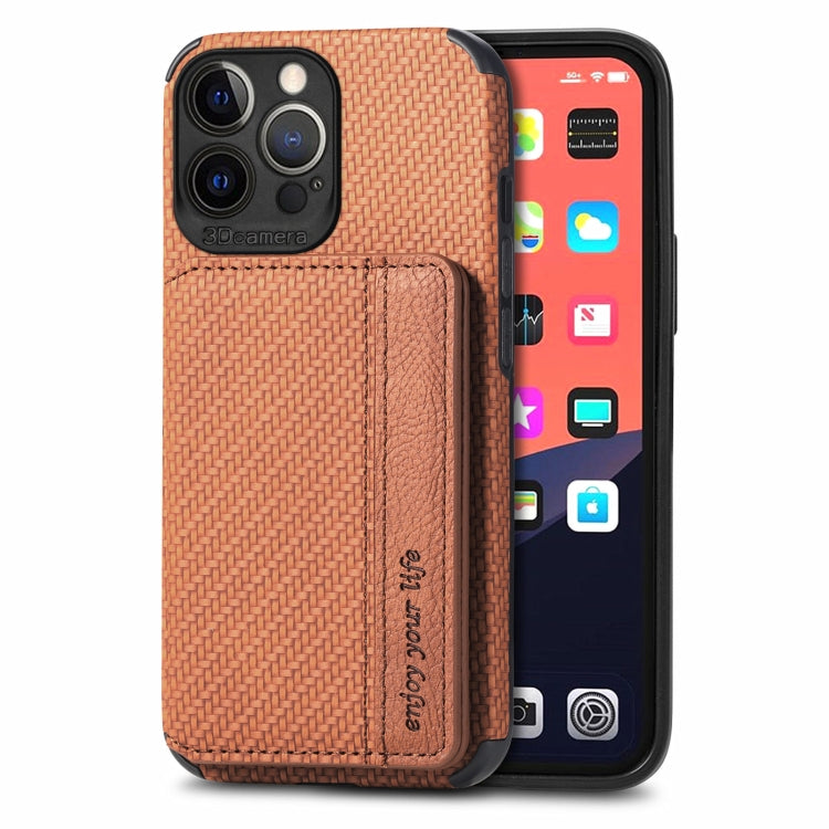 For iPhone 13 Pro Carbon Fiber Magnetic Card Bag TPU+PU Shockproof Back Cover Case with Holder & Card Slot & Photo Frame