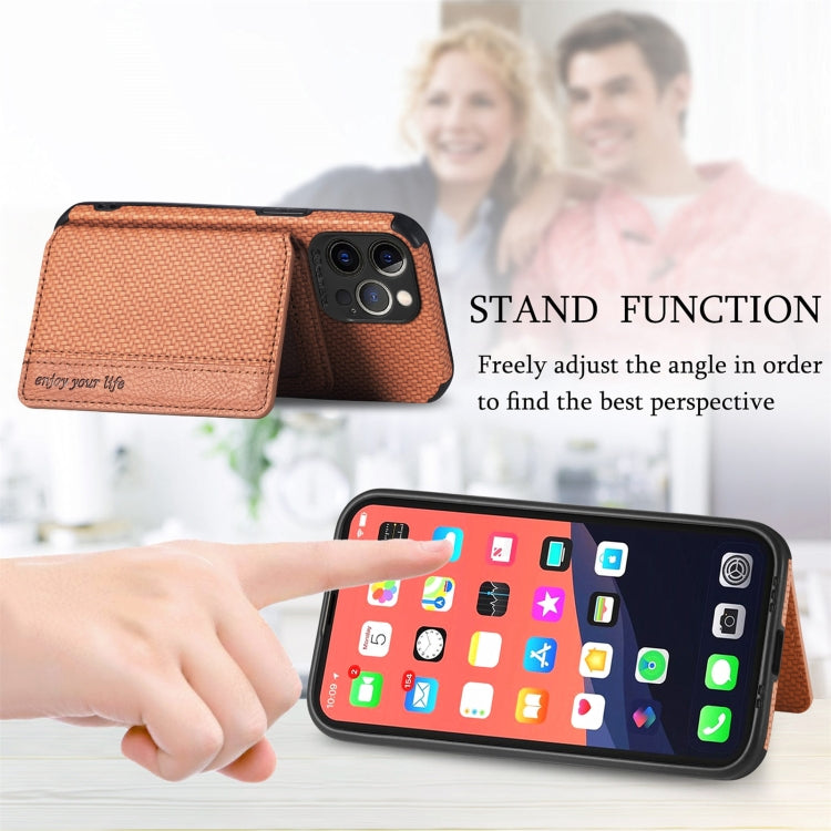 For iPhone 13 Pro Carbon Fiber Magnetic Card Bag TPU+PU Shockproof Back Cover Case with Holder & Card Slot & Photo Frame