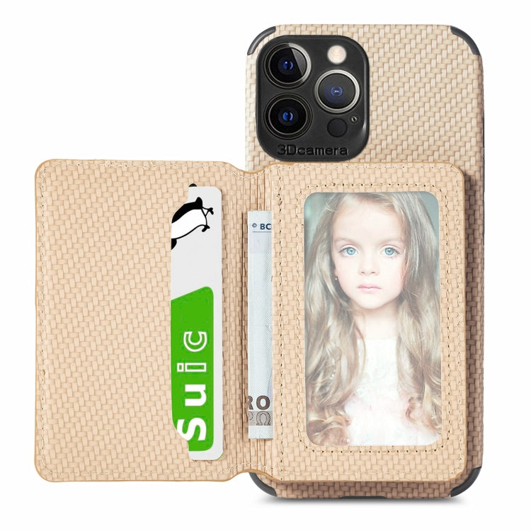 For iPhone 13 Pro Carbon Fiber Magnetic Card Bag TPU+PU Shockproof Back Cover Case with Holder & Card Slot & Photo Frame