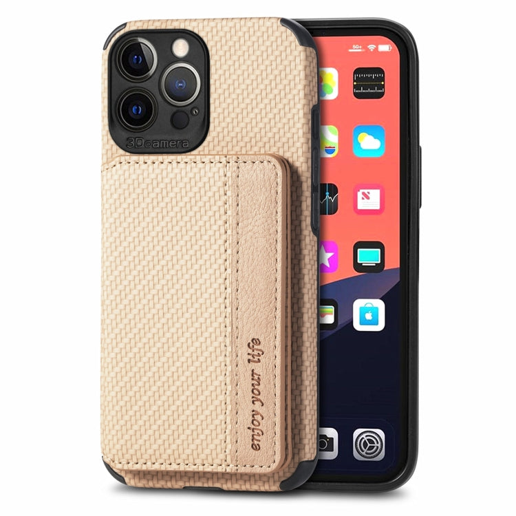 For iPhone 13 Pro Carbon Fiber Magnetic Card Bag TPU+PU Shockproof Back Cover Case with Holder & Card Slot & Photo Frame