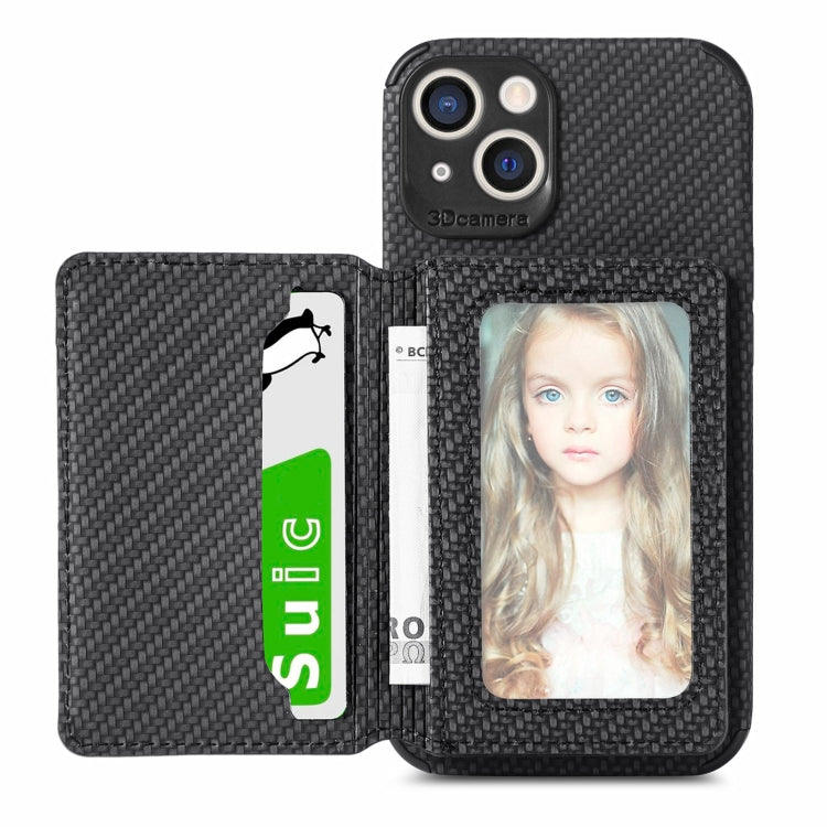 For iPhone 13 Carbon Fiber Magnetic Card Bag TPU+PU Shockproof Back Cover Case with Holder & Card Slot & Photo Frame
