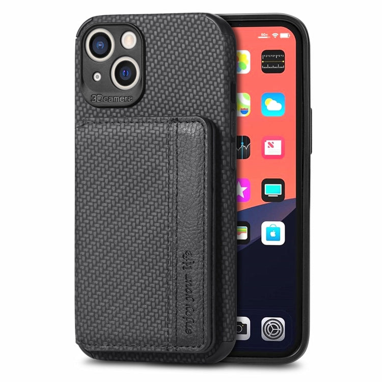 For iPhone 13 Carbon Fiber Magnetic Card Bag TPU+PU Shockproof Back Cover Case with Holder & Card Slot & Photo Frame