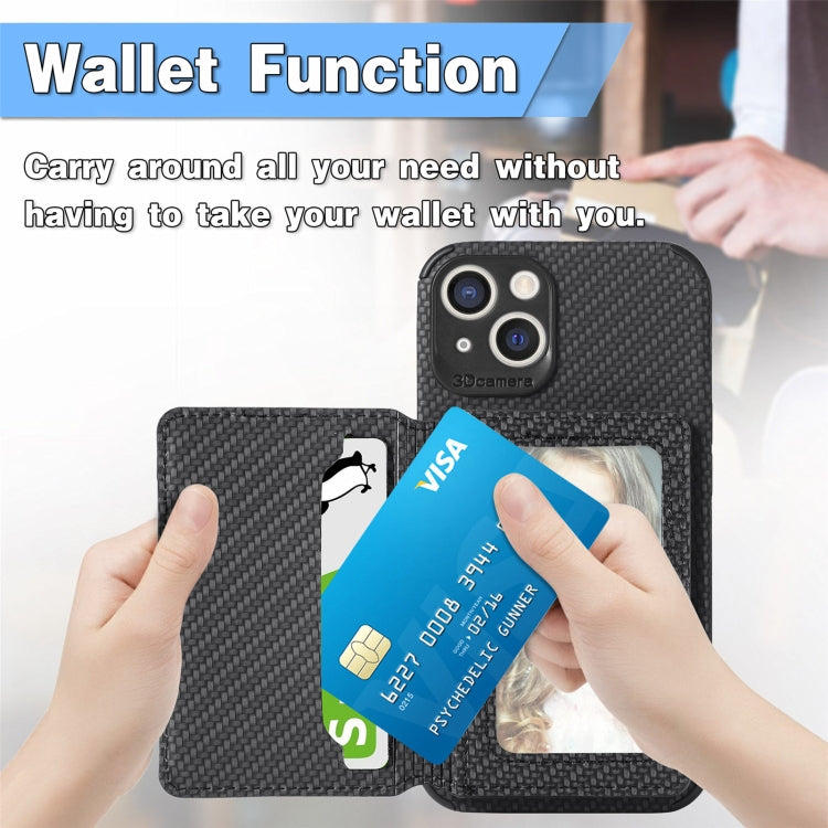 For iPhone 13 Carbon Fiber Magnetic Card Bag TPU+PU Shockproof Back Cover Case with Holder & Card Slot & Photo Frame