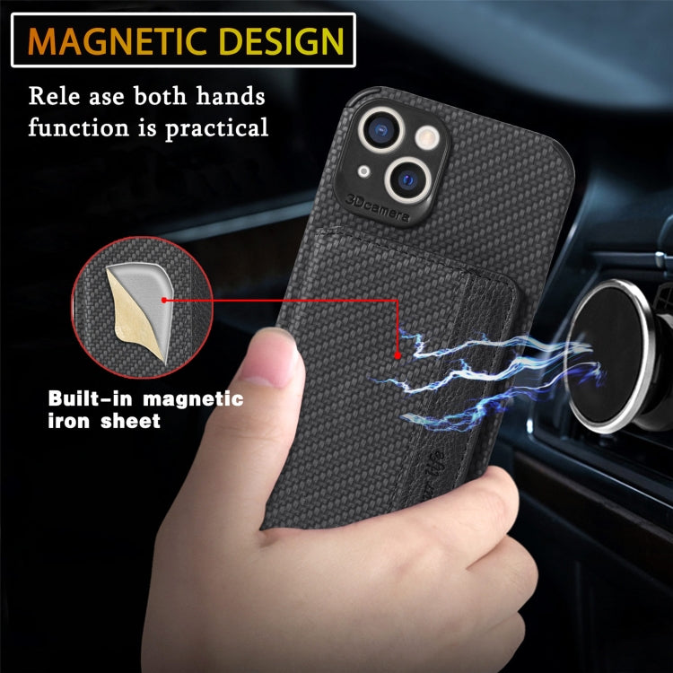 For iPhone 13 Carbon Fiber Magnetic Card Bag TPU+PU Shockproof Back Cover Case with Holder & Card Slot & Photo Frame