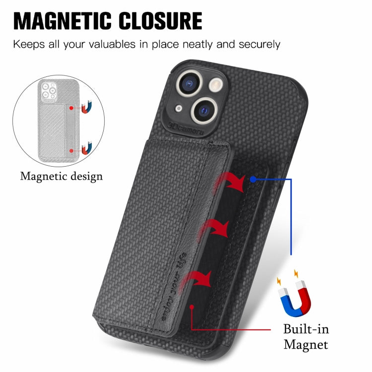 For iPhone 13 Carbon Fiber Magnetic Card Bag TPU+PU Shockproof Back Cover Case with Holder & Card Slot & Photo Frame