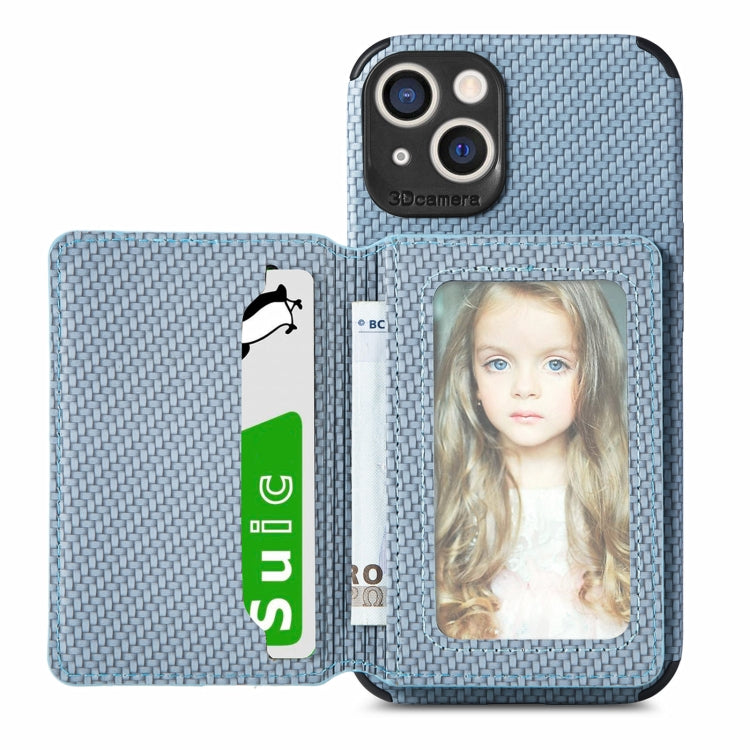 For iPhone 13 Carbon Fiber Magnetic Card Bag TPU+PU Shockproof Back Cover Case with Holder & Card Slot & Photo Frame