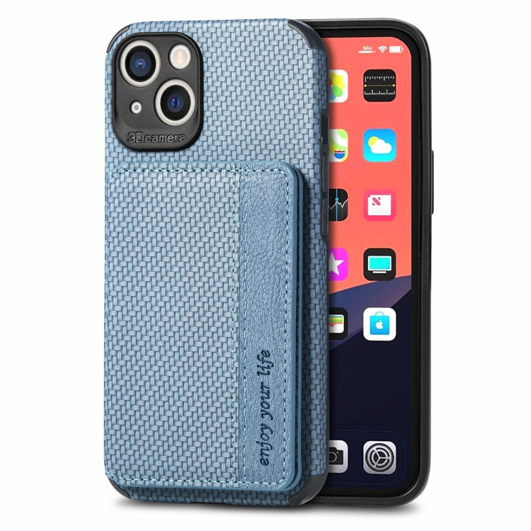 For iPhone 13 Carbon Fiber Magnetic Card Bag TPU+PU Shockproof Back Cover Case with Holder & Card Slot & Photo Frame