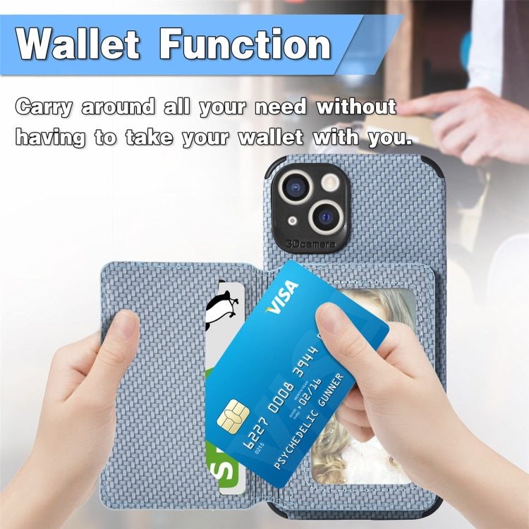 For iPhone 13 Carbon Fiber Magnetic Card Bag TPU+PU Shockproof Back Cover Case with Holder & Card Slot & Photo Frame