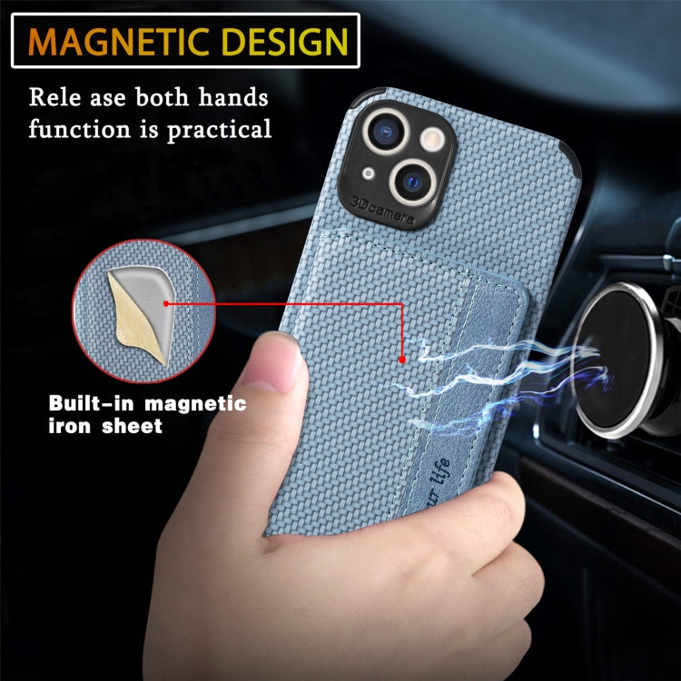 For iPhone 13 Carbon Fiber Magnetic Card Bag TPU+PU Shockproof Back Cover Case with Holder & Card Slot & Photo Frame