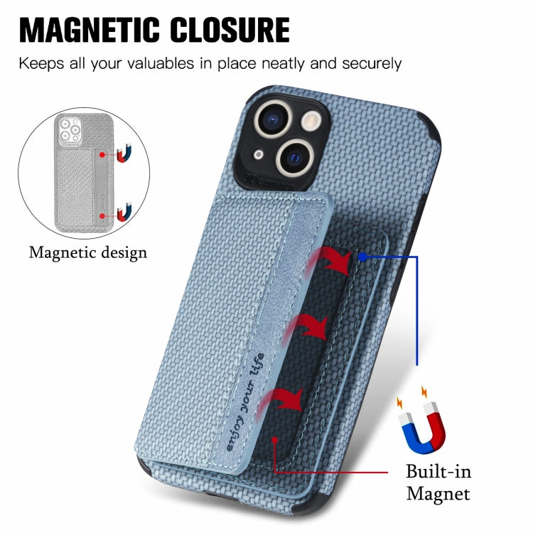 For iPhone 13 Carbon Fiber Magnetic Card Bag TPU+PU Shockproof Back Cover Case with Holder & Card Slot & Photo Frame