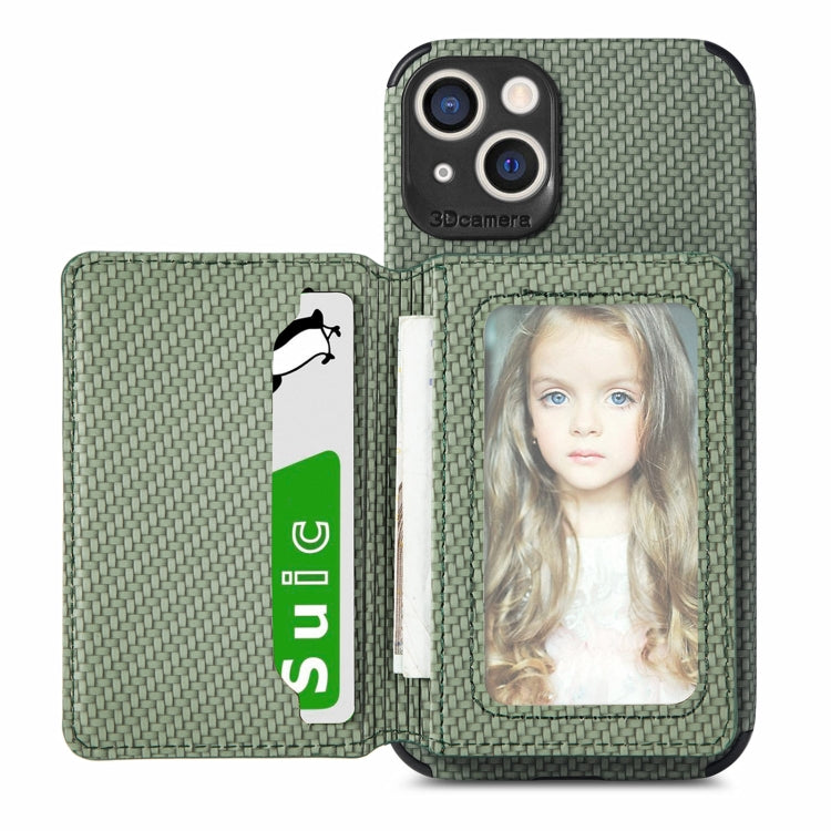 For iPhone 13 Carbon Fiber Magnetic Card Bag TPU+PU Shockproof Back Cover Case with Holder & Card Slot & Photo Frame