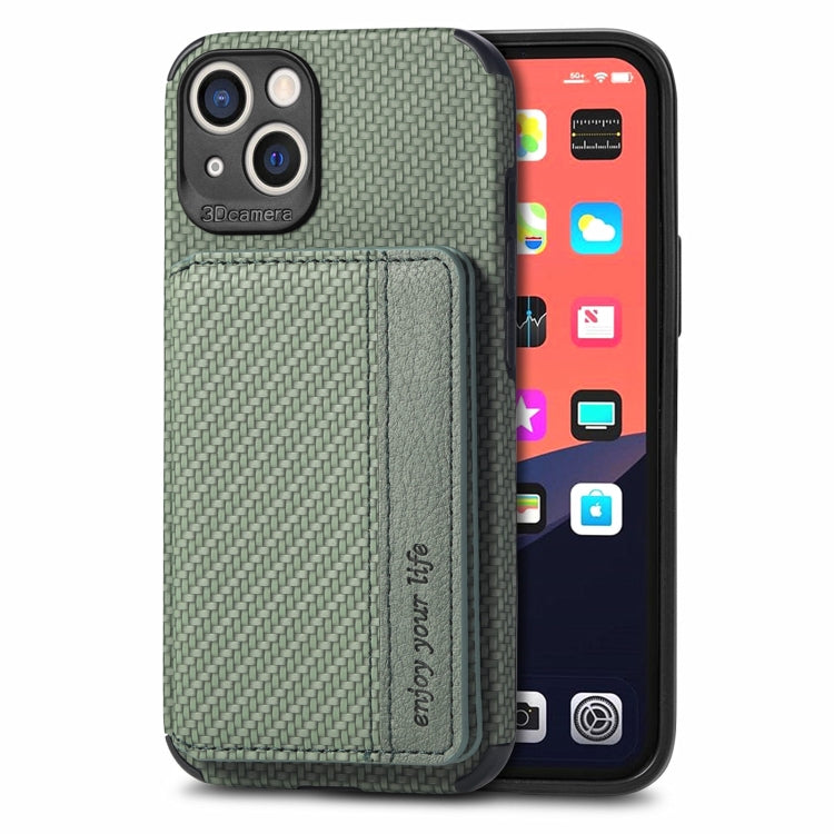 For iPhone 13 Carbon Fiber Magnetic Card Bag TPU+PU Shockproof Back Cover Case with Holder & Card Slot & Photo Frame