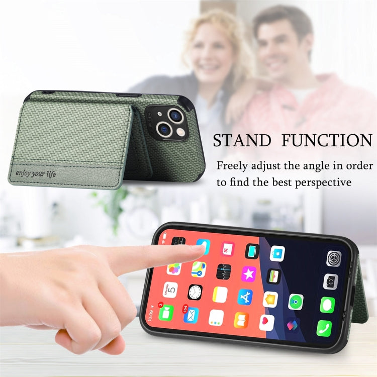 For iPhone 13 Carbon Fiber Magnetic Card Bag TPU+PU Shockproof Back Cover Case with Holder & Card Slot & Photo Frame