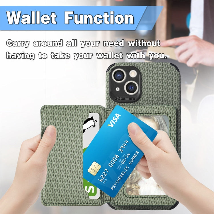 For iPhone 13 Carbon Fiber Magnetic Card Bag TPU+PU Shockproof Back Cover Case with Holder & Card Slot & Photo Frame
