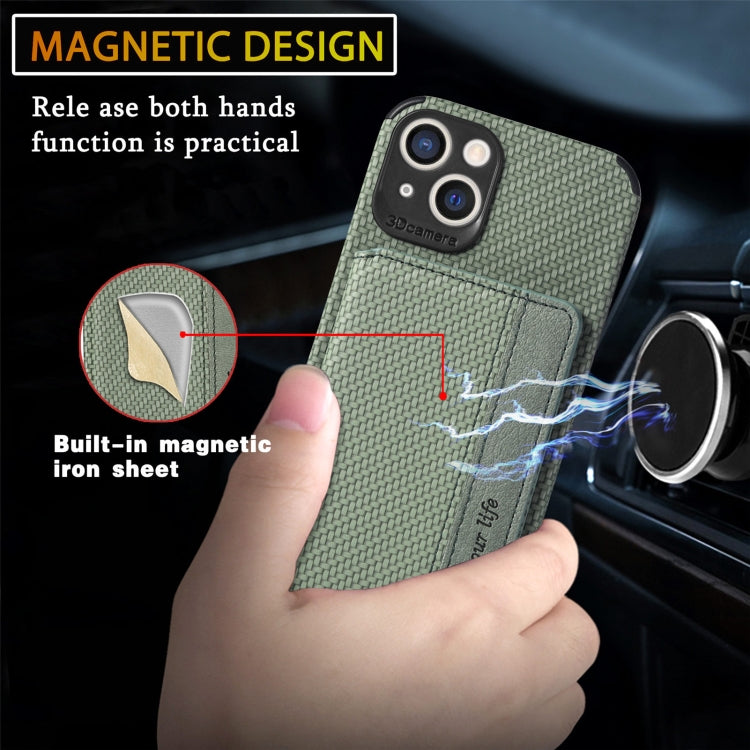 For iPhone 13 Carbon Fiber Magnetic Card Bag TPU+PU Shockproof Back Cover Case with Holder & Card Slot & Photo Frame