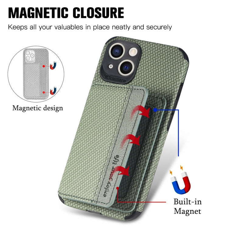 For iPhone 13 Carbon Fiber Magnetic Card Bag TPU+PU Shockproof Back Cover Case with Holder & Card Slot & Photo Frame