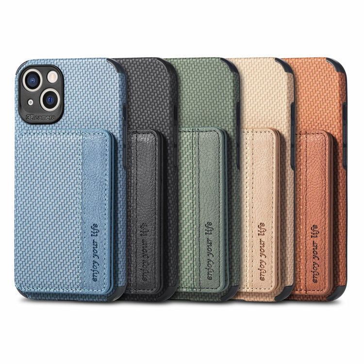 For iPhone 13 Carbon Fiber Magnetic Card Bag TPU+PU Shockproof Back Cover Case with Holder & Card Slot & Photo Frame
