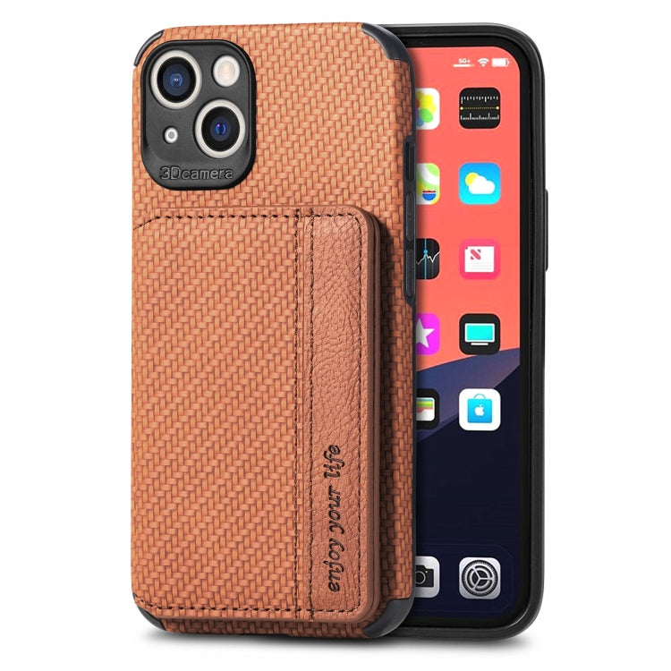 For iPhone 13 Carbon Fiber Magnetic Card Bag TPU+PU Shockproof Back Cover Case with Holder & Card Slot & Photo Frame