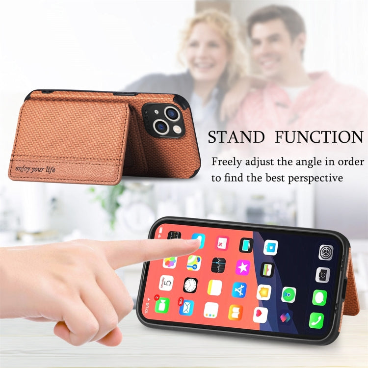 For iPhone 13 Carbon Fiber Magnetic Card Bag TPU+PU Shockproof Back Cover Case with Holder & Card Slot & Photo Frame