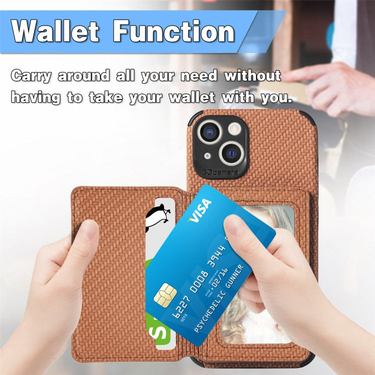 For iPhone 13 Carbon Fiber Magnetic Card Bag TPU+PU Shockproof Back Cover Case with Holder & Card Slot & Photo Frame