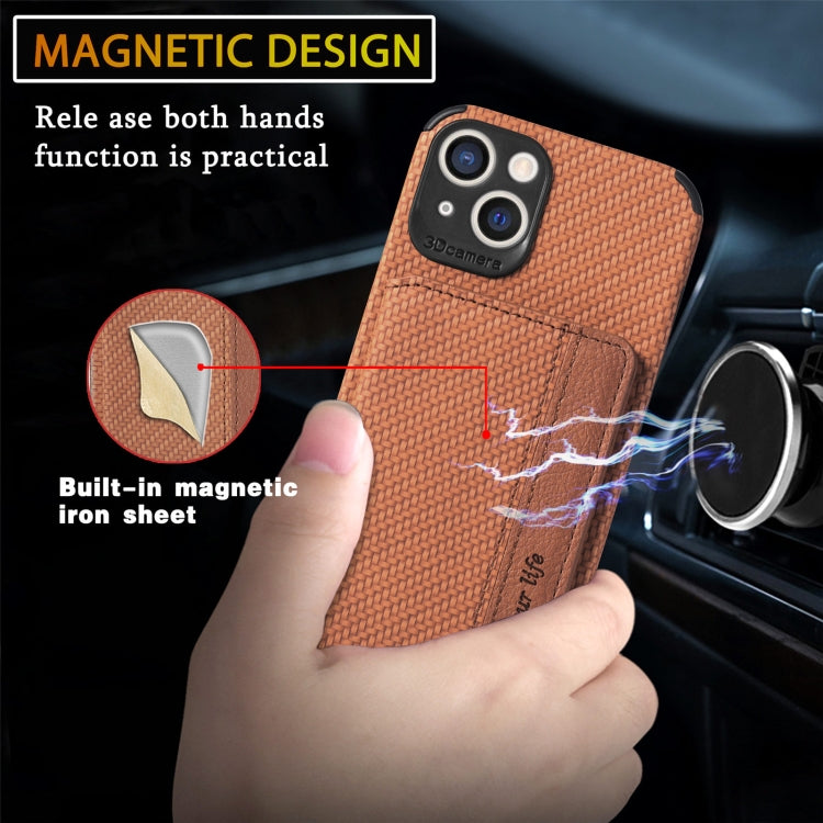 For iPhone 13 Carbon Fiber Magnetic Card Bag TPU+PU Shockproof Back Cover Case with Holder & Card Slot & Photo Frame