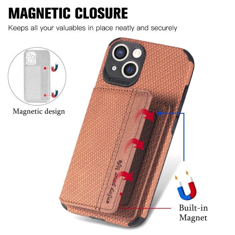 For iPhone 13 Carbon Fiber Magnetic Card Bag TPU+PU Shockproof Back Cover Case with Holder & Card Slot & Photo Frame