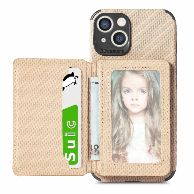 For iPhone 13 Carbon Fiber Magnetic Card Bag TPU+PU Shockproof Back Cover Case with Holder & Card Slot & Photo Frame