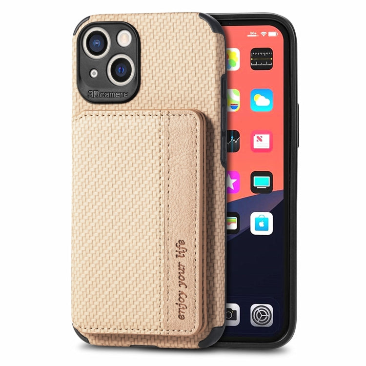 For iPhone 13 Carbon Fiber Magnetic Card Bag TPU+PU Shockproof Back Cover Case with Holder & Card Slot & Photo Frame