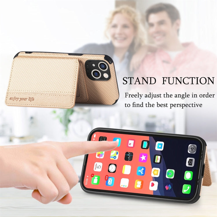 For iPhone 13 Carbon Fiber Magnetic Card Bag TPU+PU Shockproof Back Cover Case with Holder & Card Slot & Photo Frame