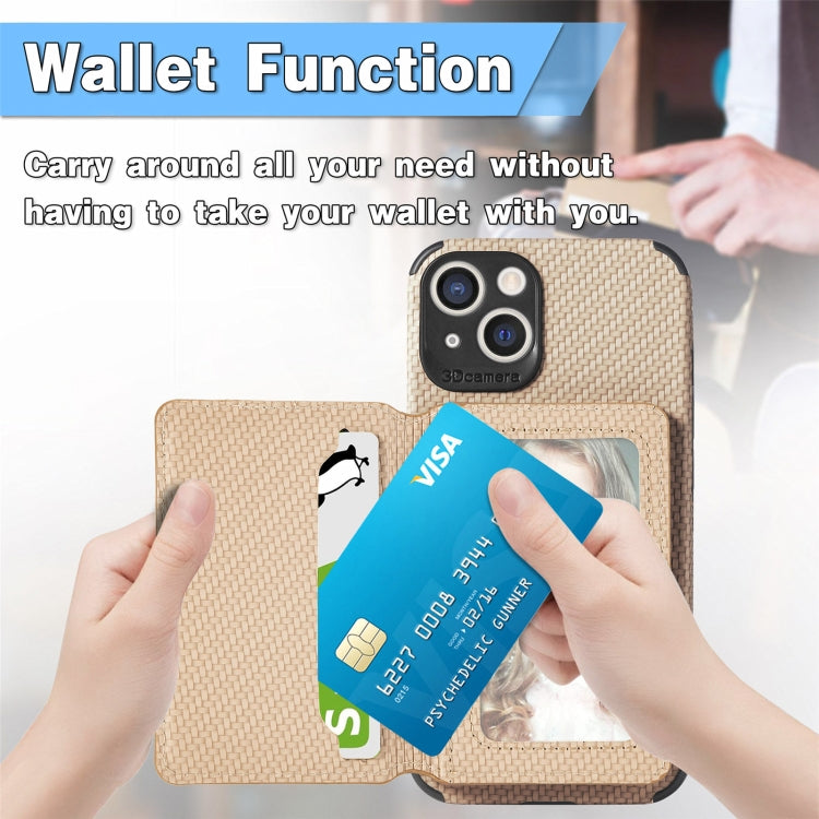For iPhone 13 Carbon Fiber Magnetic Card Bag TPU+PU Shockproof Back Cover Case with Holder & Card Slot & Photo Frame