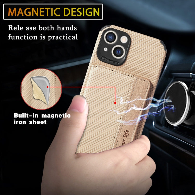 For iPhone 13 Carbon Fiber Magnetic Card Bag TPU+PU Shockproof Back Cover Case with Holder & Card Slot & Photo Frame