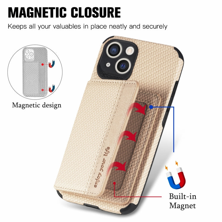 For iPhone 13 Carbon Fiber Magnetic Card Bag TPU+PU Shockproof Back Cover Case with Holder & Card Slot & Photo Frame