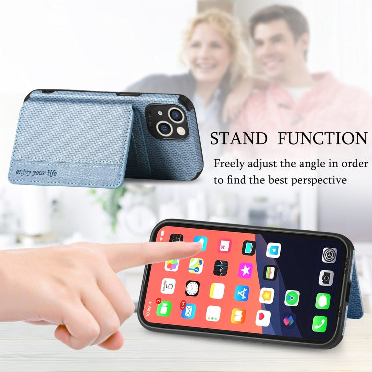 For iPhone 13 mini Carbon Fiber Magnetic Card Bag TPU+PU Shockproof Back Cover Case with Holder & Card Slot & Photo Frame