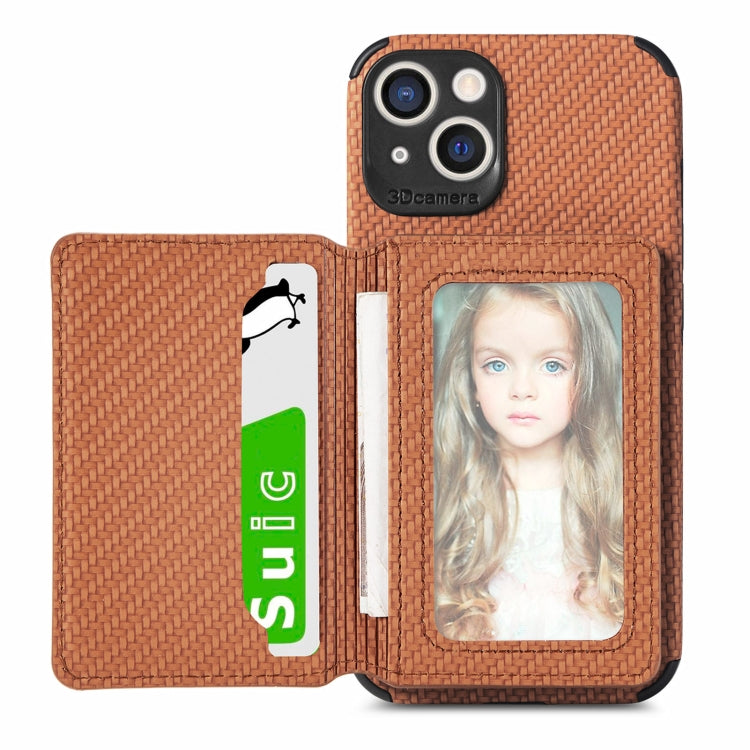 For iPhone 13 mini Carbon Fiber Magnetic Card Bag TPU+PU Shockproof Back Cover Case with Holder & Card Slot & Photo Frame