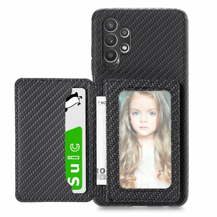 For Samsung Galaxy A32 4G Carbon Fiber Magnetic Card Bag TPU+PU Shockproof Back Cover Case with Holder & Card Slot & Photo Frame