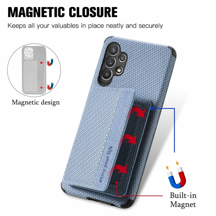 For Samsung Galaxy A32 4G Carbon Fiber Magnetic Card Bag TPU+PU Shockproof Back Cover Case with Holder & Card Slot & Photo Frame
