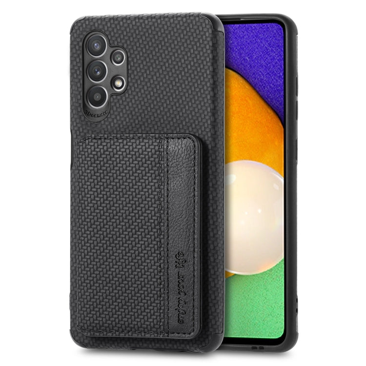 For Samsung Galaxy A32 5G Carbon Fiber Magnetic Card Bag TPU+PU Shockproof Back Cover Case with Holder & Card Slot & Photo Frame