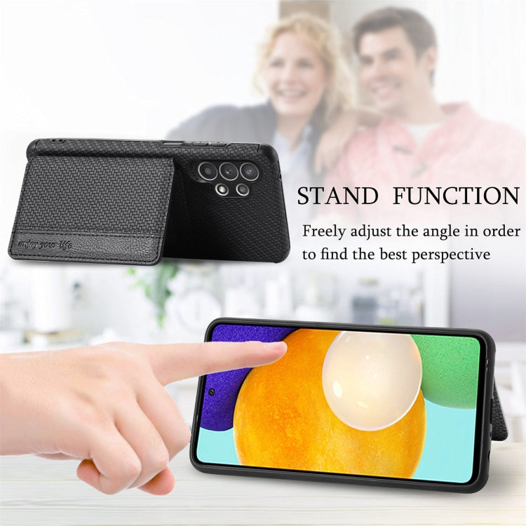 For Samsung Galaxy A32 5G Carbon Fiber Magnetic Card Bag TPU+PU Shockproof Back Cover Case with Holder & Card Slot & Photo Frame