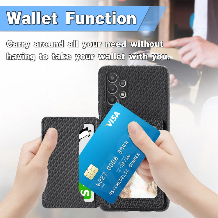 For Samsung Galaxy A32 5G Carbon Fiber Magnetic Card Bag TPU+PU Shockproof Back Cover Case with Holder & Card Slot & Photo Frame