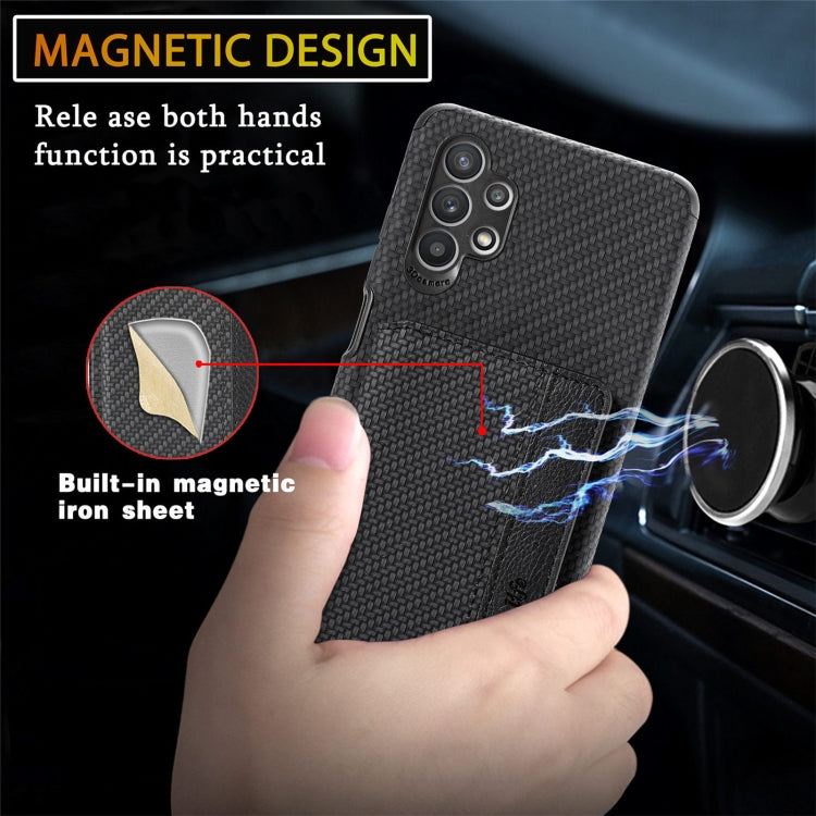 For Samsung Galaxy A32 5G Carbon Fiber Magnetic Card Bag TPU+PU Shockproof Back Cover Case with Holder & Card Slot & Photo Frame