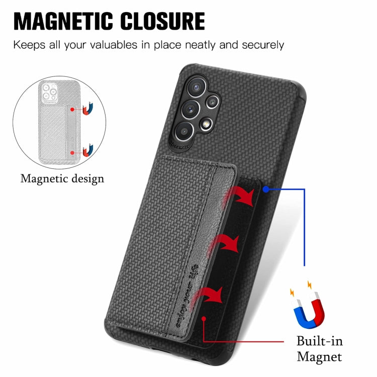 For Samsung Galaxy A32 5G Carbon Fiber Magnetic Card Bag TPU+PU Shockproof Back Cover Case with Holder & Card Slot & Photo Frame