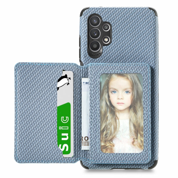 For Samsung Galaxy A32 5G Carbon Fiber Magnetic Card Bag TPU+PU Shockproof Back Cover Case with Holder & Card Slot & Photo Frame