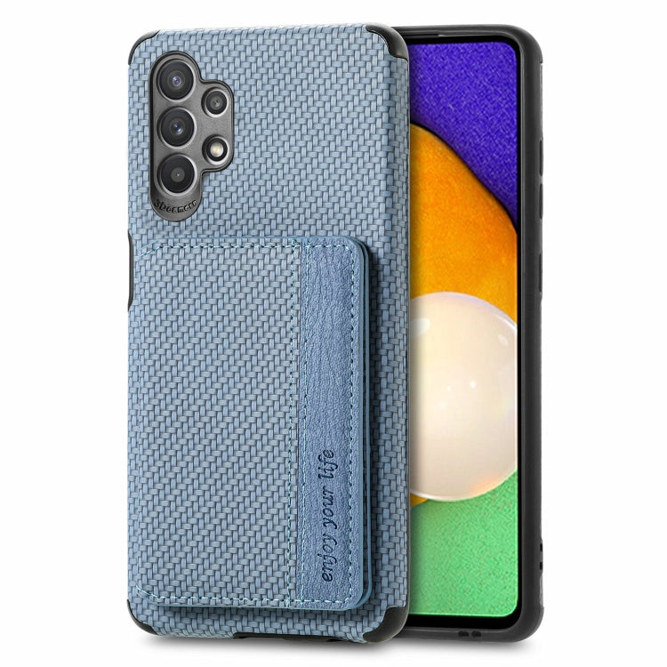 For Samsung Galaxy A32 5G Carbon Fiber Magnetic Card Bag TPU+PU Shockproof Back Cover Case with Holder & Card Slot & Photo Frame