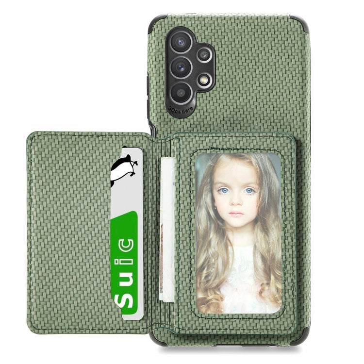 For Samsung Galaxy A32 5G Carbon Fiber Magnetic Card Bag TPU+PU Shockproof Back Cover Case with Holder & Card Slot & Photo Frame