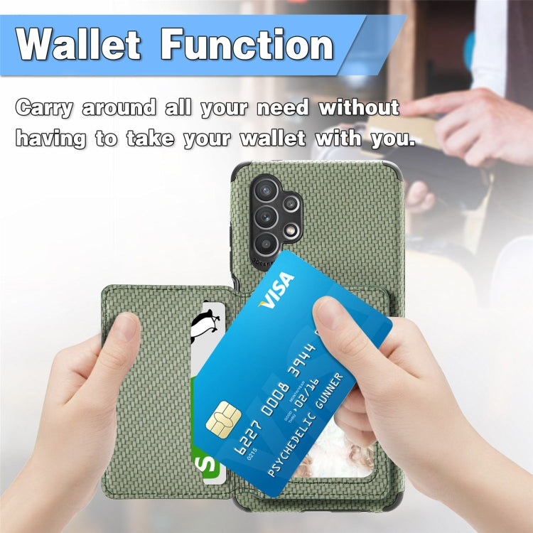 For Samsung Galaxy A32 5G Carbon Fiber Magnetic Card Bag TPU+PU Shockproof Back Cover Case with Holder & Card Slot & Photo Frame
